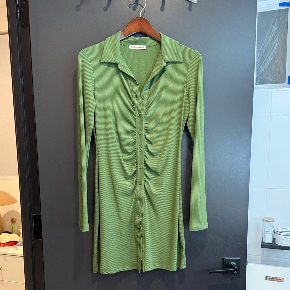 Reformation Green Ribbed Knit Mini Dress